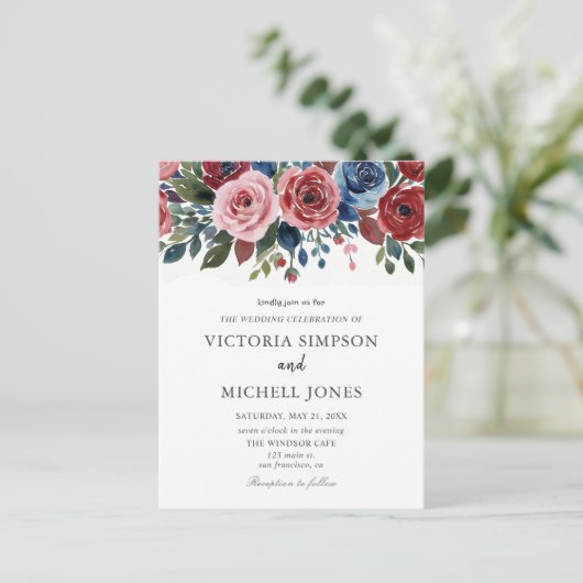 Boho Chic Bloemrijke Tuinrozen Bruiloft Uitnodiging Briefkaart (Staand voorkant)