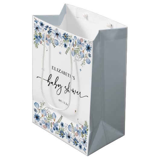 Boho Chic Blue Florals Baby shower Medium Gift Bag Cadeauzakje (Voorkant Gekanteld)