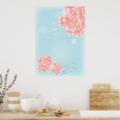 boho chic blue waterverf bloemroze bloemen poster (Keuken)