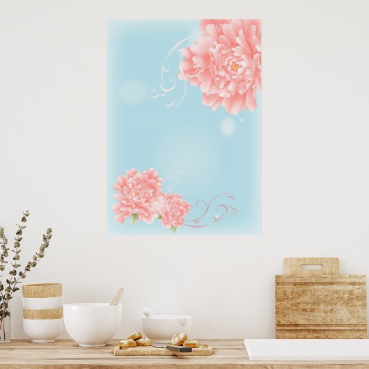 boho chic blue waterverf bloemroze bloemen poster (Keuken)