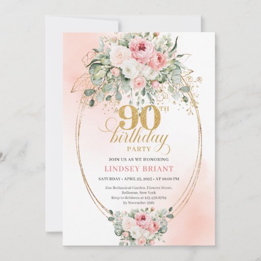 Boho Chic Blush Floral Greenery Gold 90th Birthday Kaart (Voorkant)