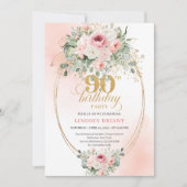 Boho Chic Blush Floral Greenery Gold 90th Birthday Kaart (Voorkant)