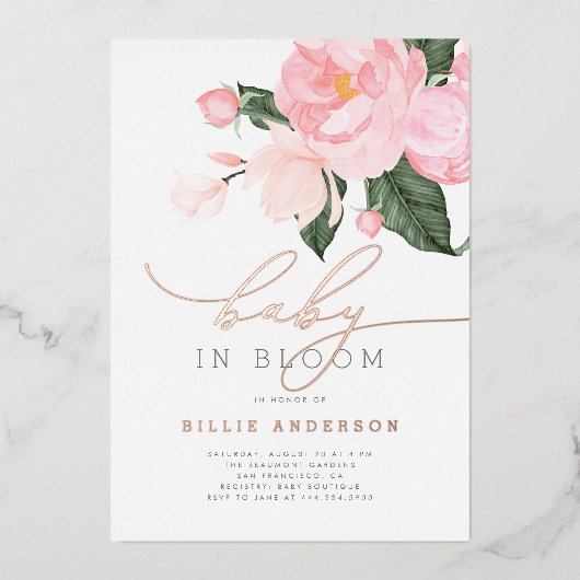 Boho Chic Blush Pink Floral Baby in Bloom Shower Folie Uitnodiging (Voorkant)