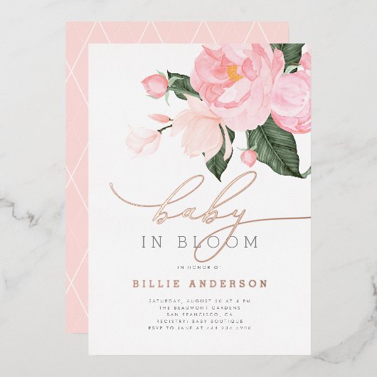 Boho Chic Blush Pink Floral Baby in Bloom Shower Folie Uitnodiging (Voorkant / Achterkant)