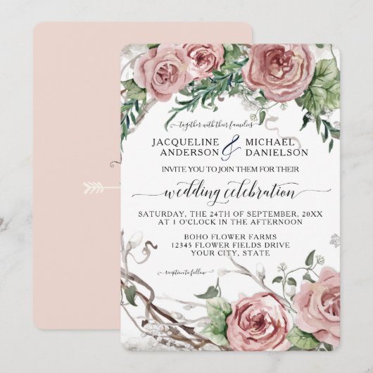 BOHO Chic Blush Pink Floral Rustic Wreath Wedding Kaart (Voorkant / Achterkant)
