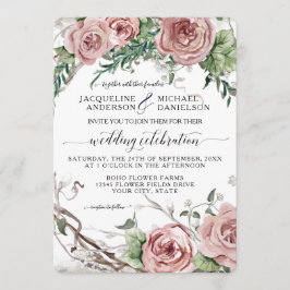BOHO Chic Blush Pink Floral Rustic Wreath Wedding Kaart