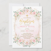 Boho Chic Blush Pink Gold Floral Girl Baptisme Kaart (Voorkant)