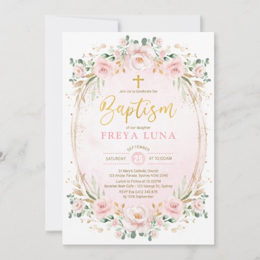 Boho Chic Blush Pink Gold Floral Girl Baptisme Kaart (Voorkant)
