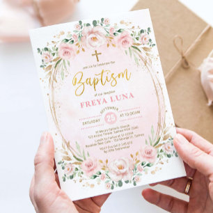 Boho Chic Blush Pink Gold Floral Girl Baptisme Kaart