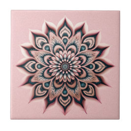 Boho Chic Blush Roze Bloem Mandala met Donker Blau Tegeltje