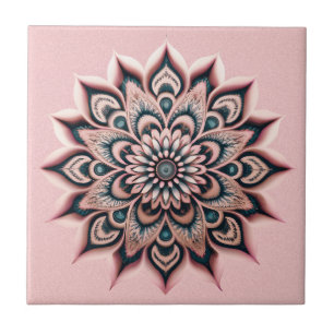 Boho Chic Blush Roze Bloem Mandala met Donker Blau Tegeltje