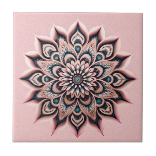 Boho Chic Blush Roze Bloem Mandala met Donker Blau Tegeltje (Voorkant)