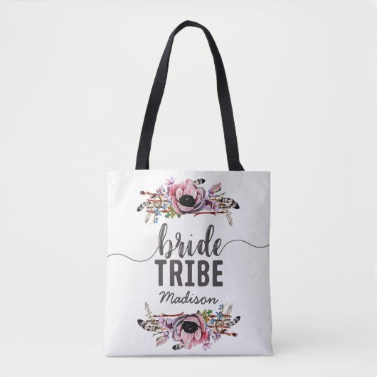 Boho Chic Blush Roze Bloemen Bruid Tribe Monogram Tote Bag (Voorkant)
