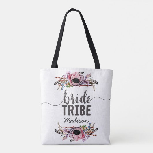 Boho Chic Blush Roze Bloemen Bruid Tribe Monogram Tote Bag (Achterkant)