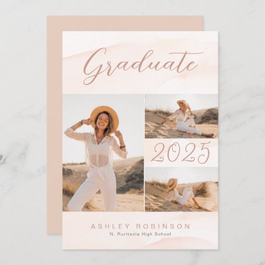 Boho Chic Blush Waterverf & Script Afstuderen Kaart (Voorkant / Achterkant)