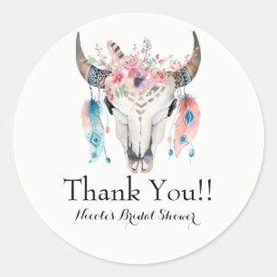 Boho Chic Boheemse Veren & Koeien schedel Feest Ronde Sticker