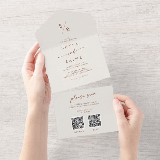 Boho Chic Bohemian Cream Dual QR-code bruiloft All In One Uitnodiging (Afscheurbaar)