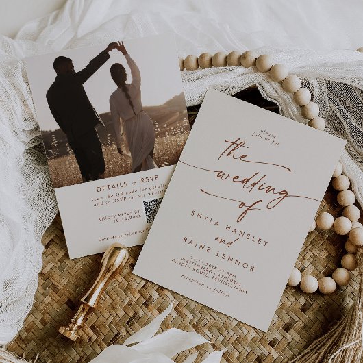 Boho Chic Bohemian Cream Foto QR Code Bruiloft Kaart