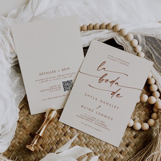 Boho Chic Bohemian Cream QR Code Spaanse bruiloft Kaart