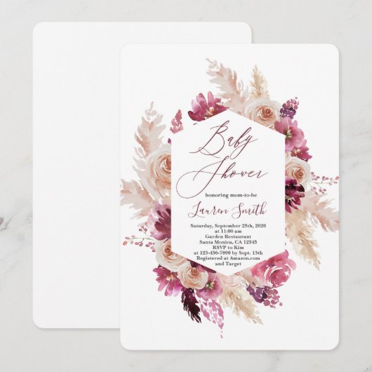 Boho chic bordeaux Baby shower Kaart (Voorkant / Achterkant)