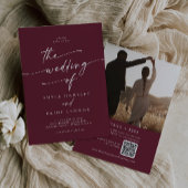 Boho chic bordeaux rode foto QR code bruiloft Kaart