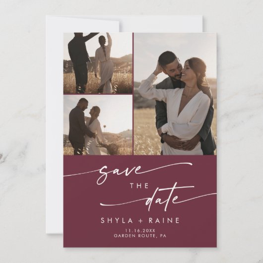 Boho chic bordeaux rood multi foto QR code Save The Date (Voorkant)
