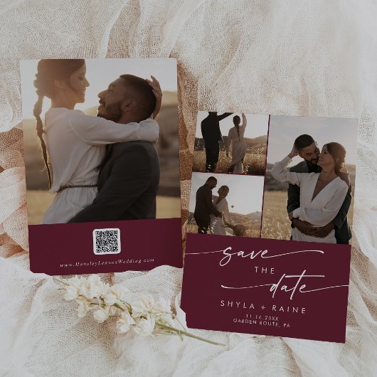 Boho chic bordeaux rood multi foto QR code Save The Date