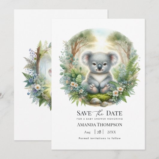 Boho Chic Bos Koala Babyfeestje Save The Date (Voorkant / Achterkant)