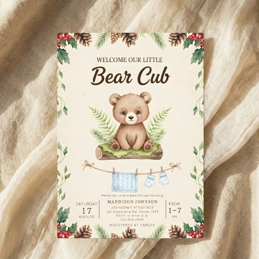 boho chic bosbeer groen baby shower kaart