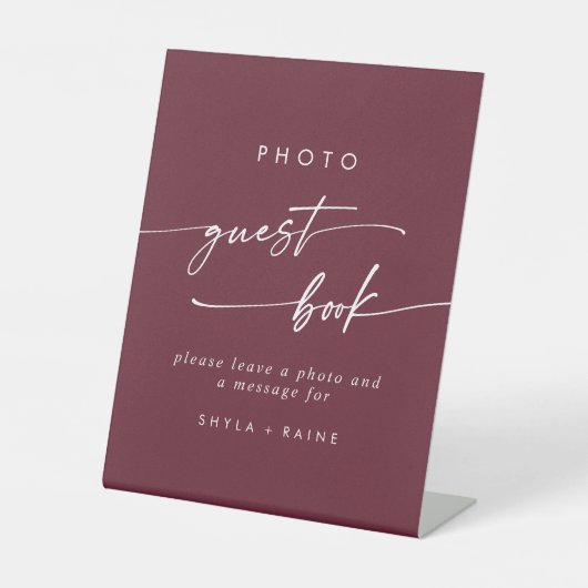 Boho Chic Bourgogne Red Foto Gastboek Trouwen Reclamebord Met Voetstuk (Voorkant)