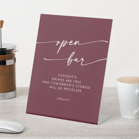 Boho Chic Bourgogne Red Open Bar Huwelijk Reclamebord Met Voetstuk (Insitu)
