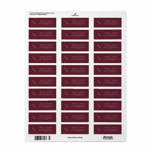 Boho Chic Bourgogne Rode Monogram Adresetiketten Etiket (Full Sheet)
