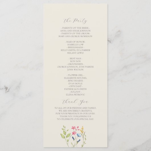 Boho Chic Bruidsprogramma met Wilde Bloemen Programmakaart (Achterkant)