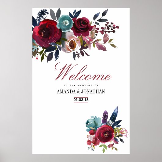 Boho Chic Burgundy and Navy Autumn Fall Wedding Poster (Voorkant)