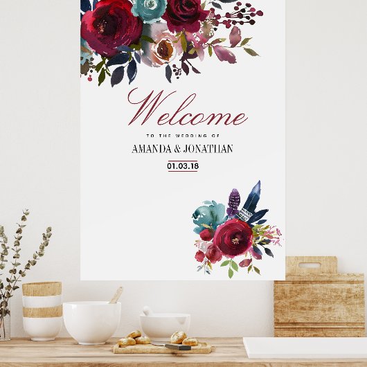 Boho Chic Burgundy and Navy Autumn Fall Wedding Poster (Keuken)