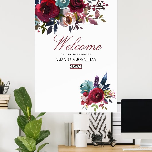 Boho Chic Burgundy and Navy Autumn Fall Wedding Poster (Thuiskantoor)