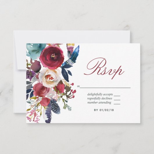Boho Chic Burgundy and Navy Autumn Fall Wedding RSVP Kaartje (Voorkant)