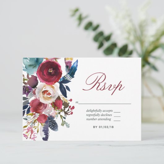 Boho Chic Burgundy and Navy Autumn Fall Wedding RSVP Kaartje (Staand voorkant)