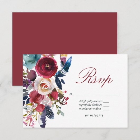 Boho Chic Burgundy and Navy Autumn Fall Wedding RSVP Kaartje (Voorkant / Achterkant)