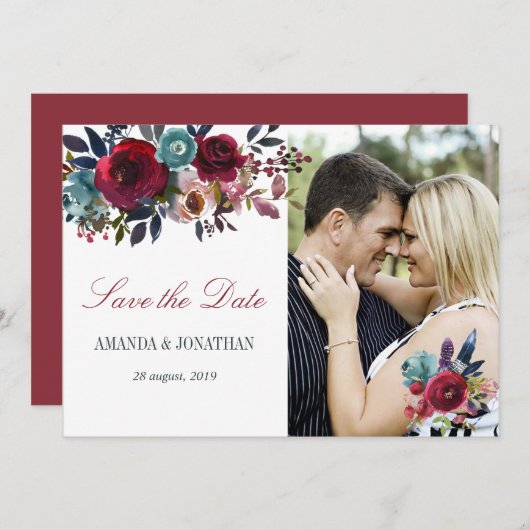 Boho Chic Burgundy and Navy Autumn Fall Wedding Save The Date (Voorkant / Achterkant)