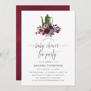 Boho Chic Burgundy and Navy Baby shower Tea Party Kaart
