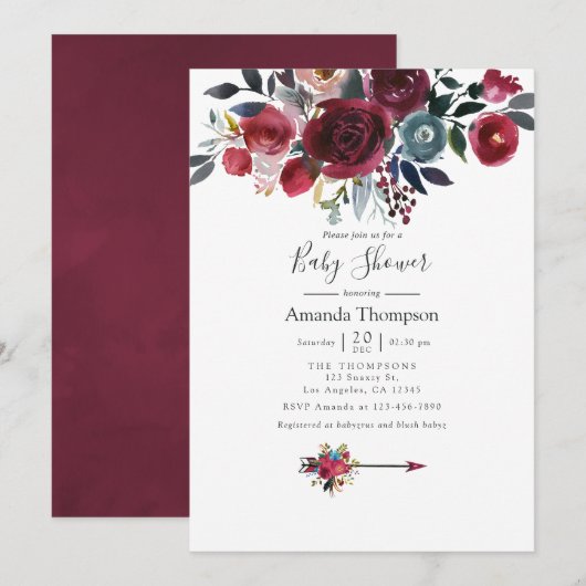 Boho Chic Burgundy and Navy floral Baby shower Kaart (Voorkant / Achterkant)