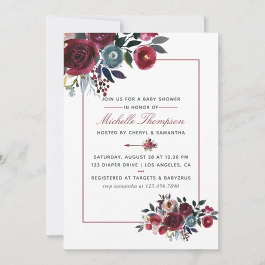 Boho Chic burgundy and navy floral Baby shower Kaart (Voorkant)