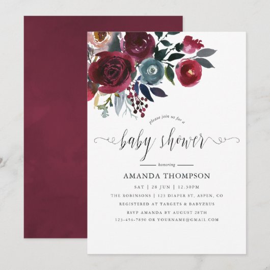 Boho Chic Burgundy and Navy floral Baby shower Kaart (Voorkant / Achterkant)