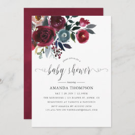 Boho Chic Burgundy and Navy floral Baby shower Kaart
