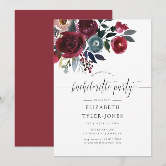 Boho Chic Burgundy and Navy floral Bachelorette Kaart (Voorkant / Achterkant)