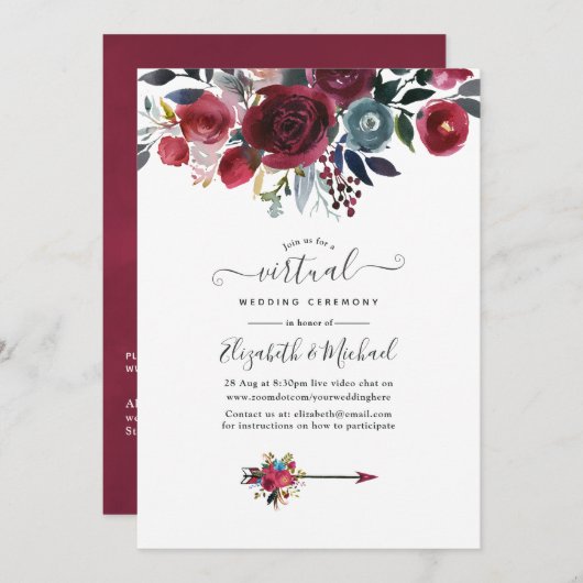 Boho Chic Burgundy and Navy floral Virtual Wedding Kaart (Voorkant / Achterkant)