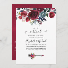 Boho Chic Burgundy and Navy floral Virtual Wedding Kaart