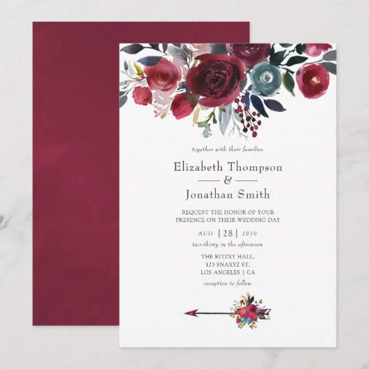 Boho Chic Burgundy and Navy floral Wedding Kaart (Voorkant / Achterkant)