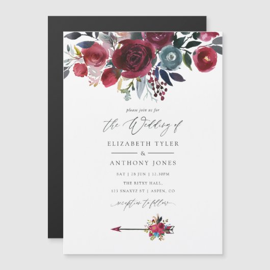 Boho Chic Burgundy and Navy floral Wedding Magnetische Uitnodiging (Voorkant / Achterkant)
